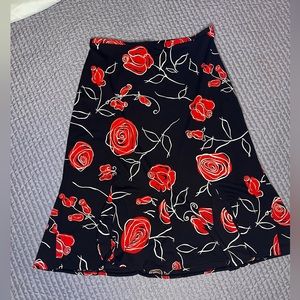 Loft Ann Taylor Black Floral Red Rose Knee Length Mini Skirt
